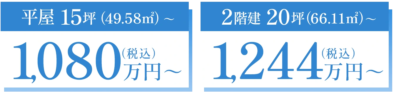 平屋 15坪（49.58㎡）～ 1,080万円～（税込） 2階建 20坪（66.11㎡）～ 1,244万円～（税込