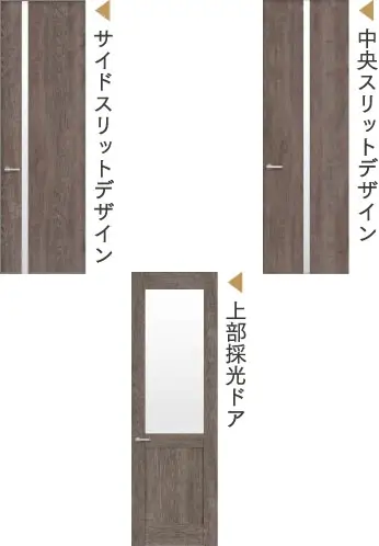 ドア：サイドスリットデザイン、中央スリットデザイン、上部採光ドア