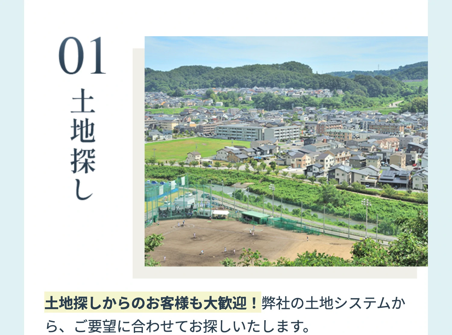 01 土地探し 土地探しからのお客様も大歓迎！弊社の土地システムから、ご要望に合わせてお探しいたします。