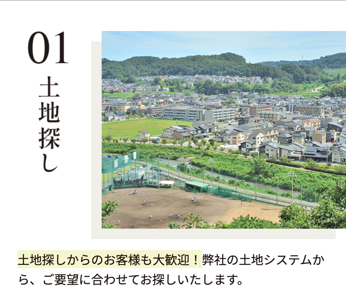 01 土地探し 土地探しからのお客様も大歓迎!弊社の土地システムから、ご要望に合わせてお探しいたします。