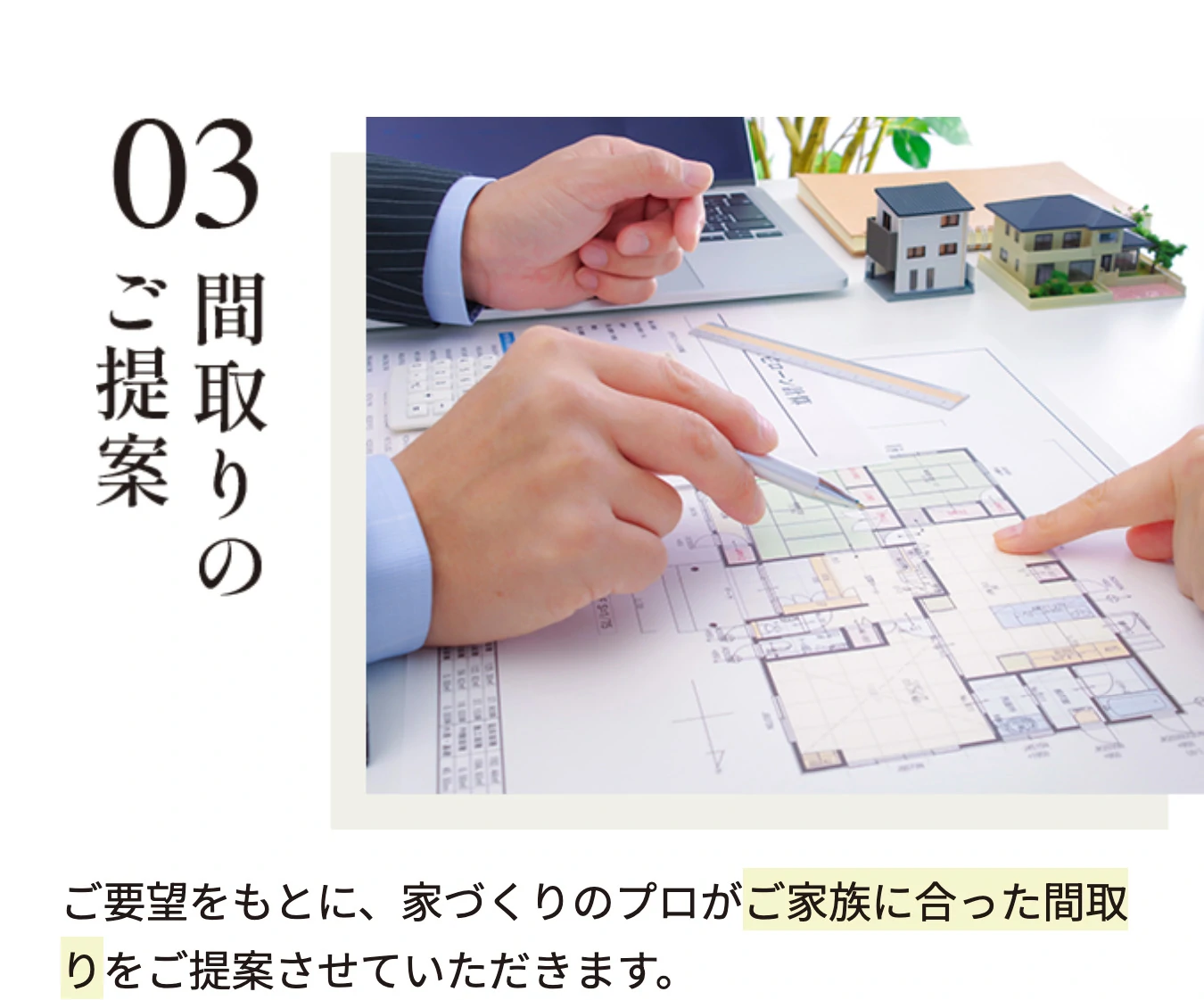 03 間取りのご提案 ご要望をもとに、家づくりのプロがご家族に合った間取りをご提案させていただきます。
