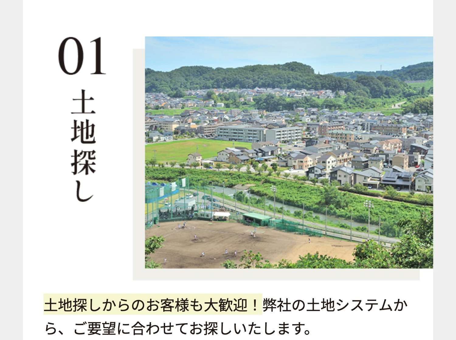 01 土地探し 土地探しからのお客様も大歓迎！弊社の土地システムから、ご要望に合わせてお探しいたします。