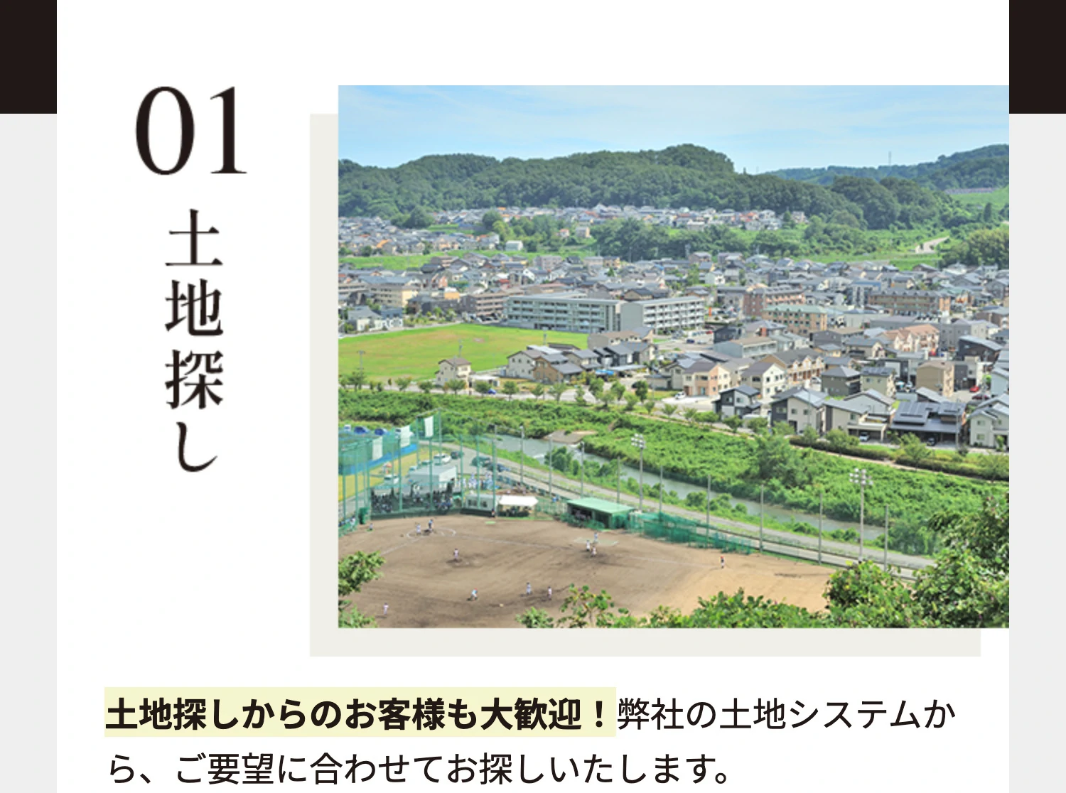 01 土地探し 土地探しからのお客様も大歓迎！弊社の土地システムから、ご要望に合わせてお探しいたします。