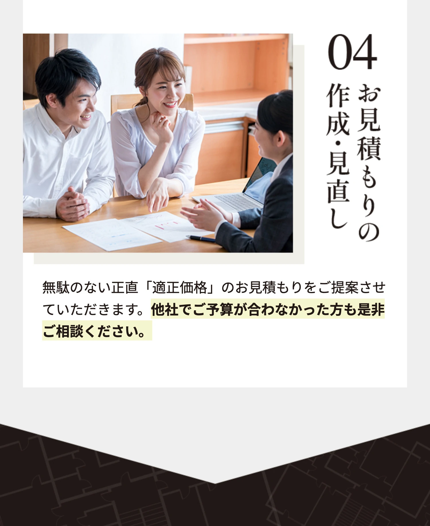 04 お見積もりの作成・見直し 無駄のない正直「適正価格」のお見積もりをご提案させていただきます。他社でご予算が合わなかった方も是非ご相談ください。