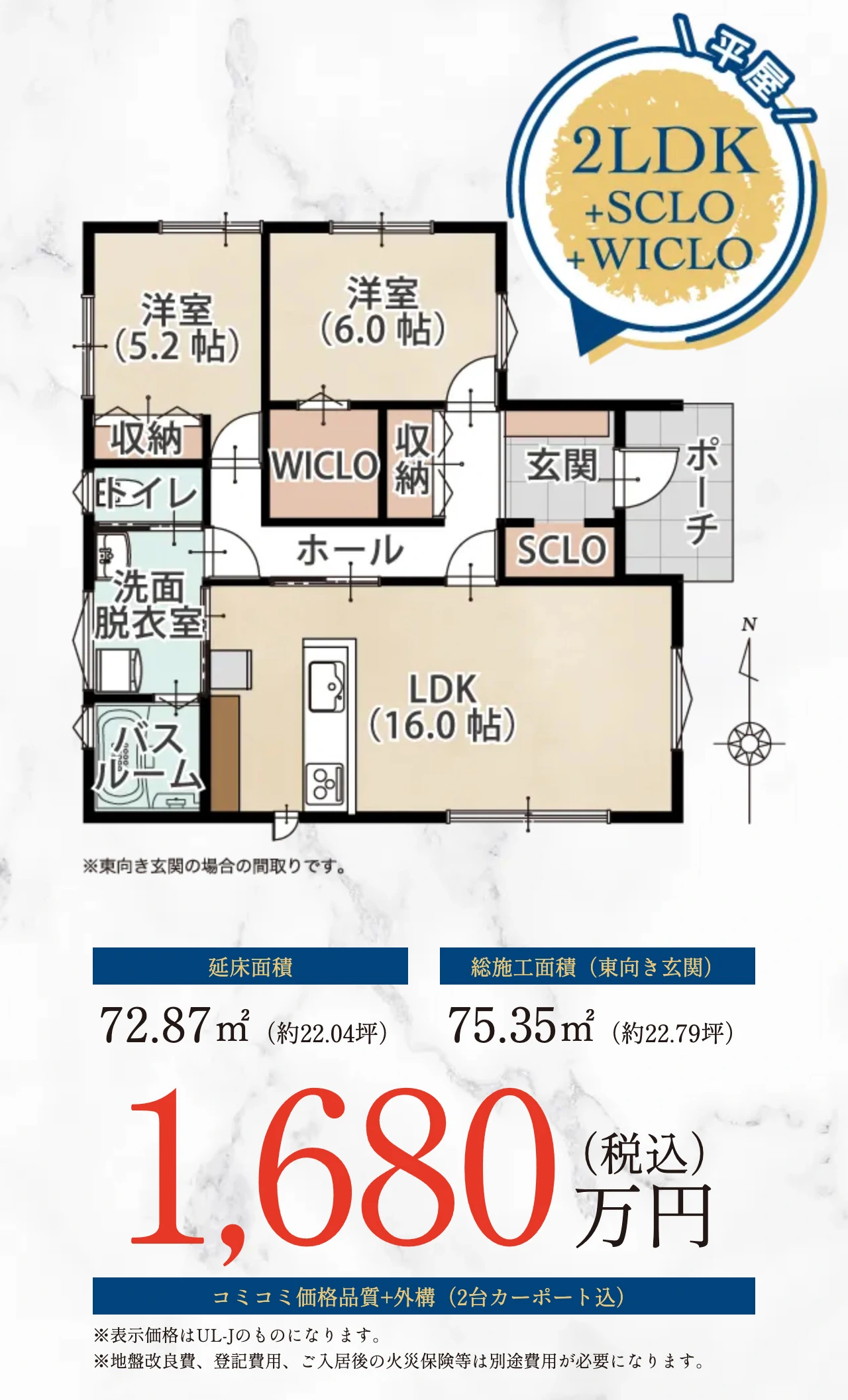 延床面積：72.87㎡（約22.04坪） 総施工面積（東向き玄関）：75.35㎡（約22.79坪） 1,680万円（税込）