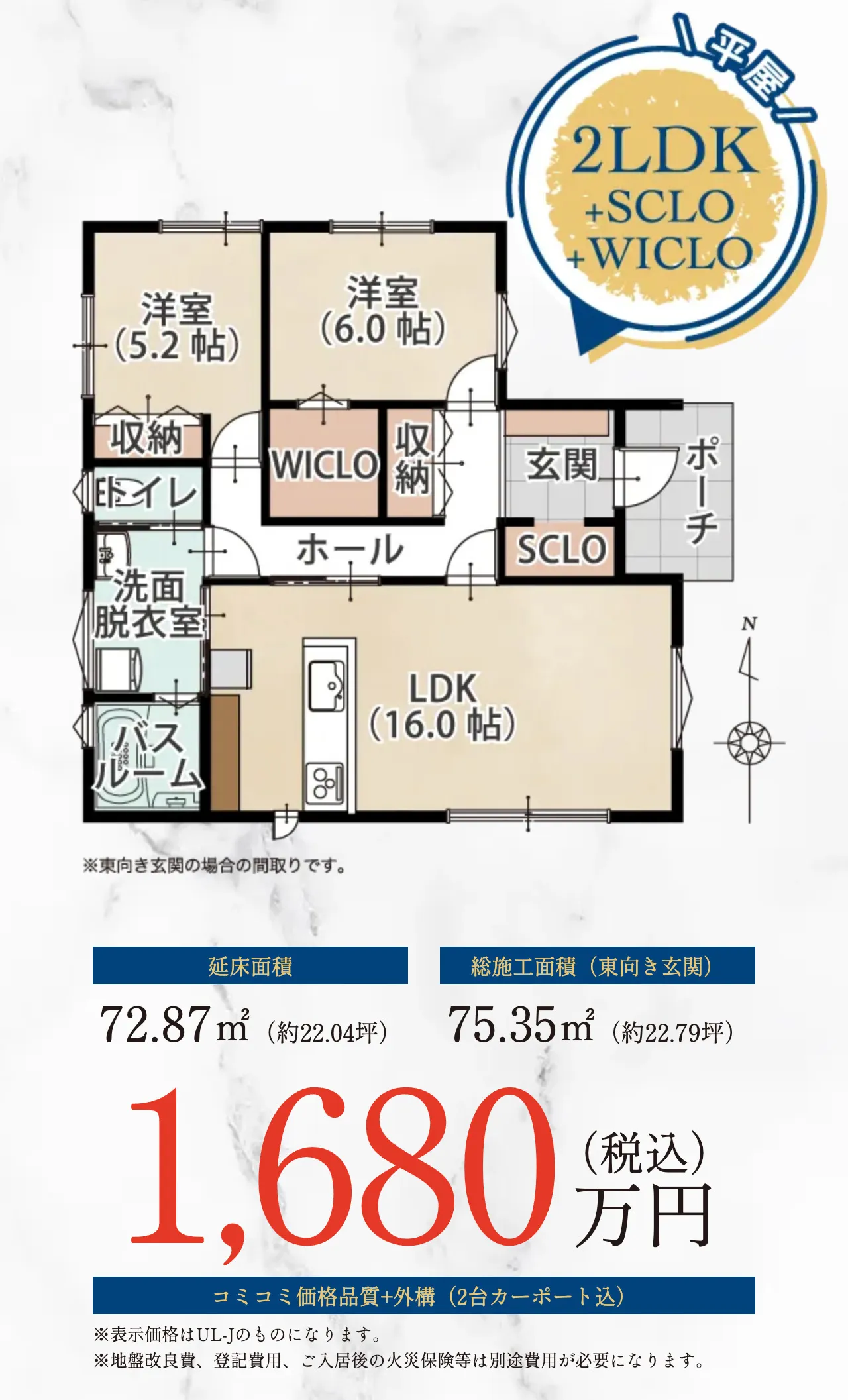 延床面積：72.87㎡（約22.04坪） 総施工面積（東向き玄関）：75.35㎡（約22.79坪） 1,680万円（税込）