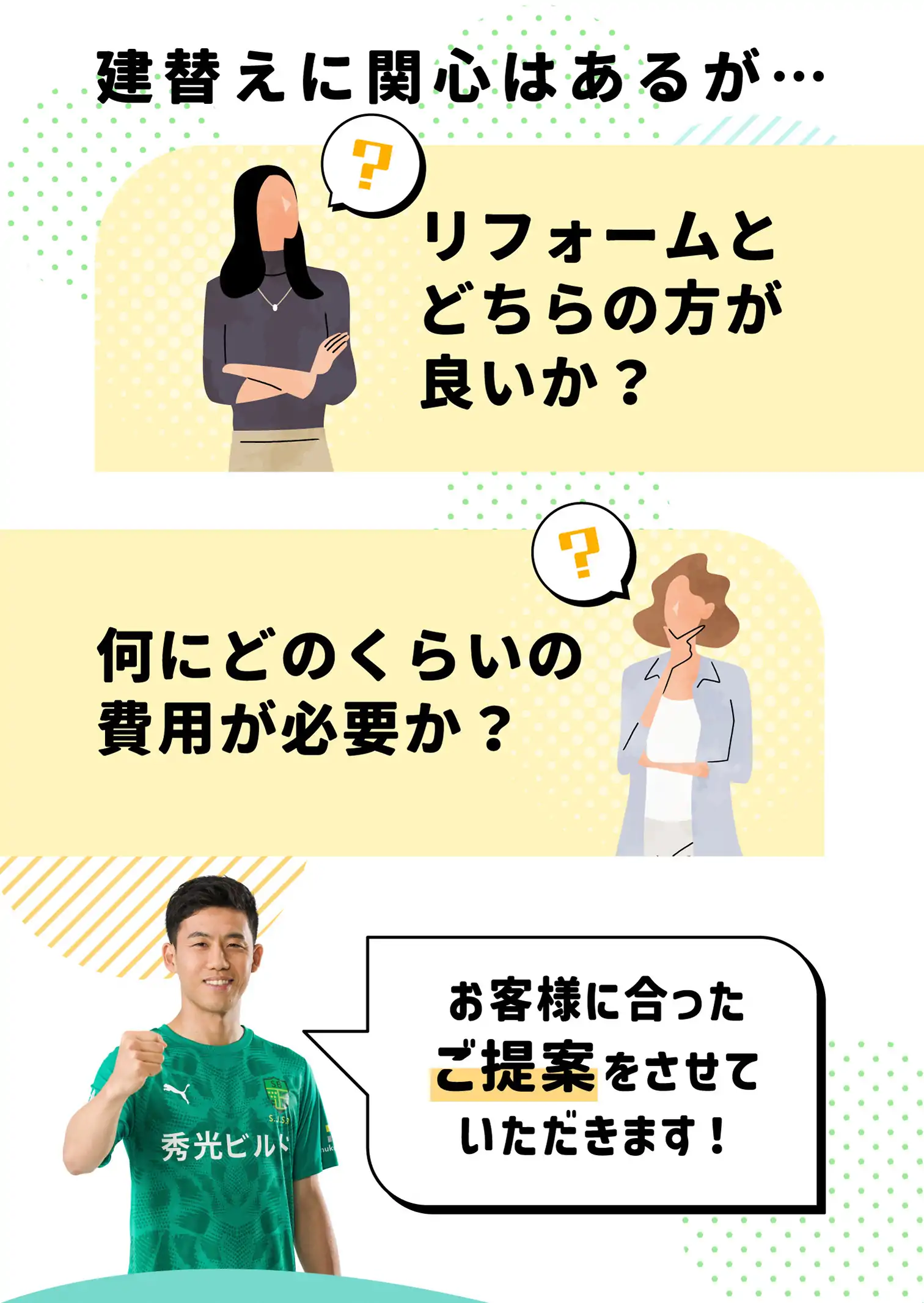 建替えに関心はあるが…リフォームとどちらの方が良いか？何にどのくらいの費用が必要か？　お客様に合ったご提案をさせていただきます！
