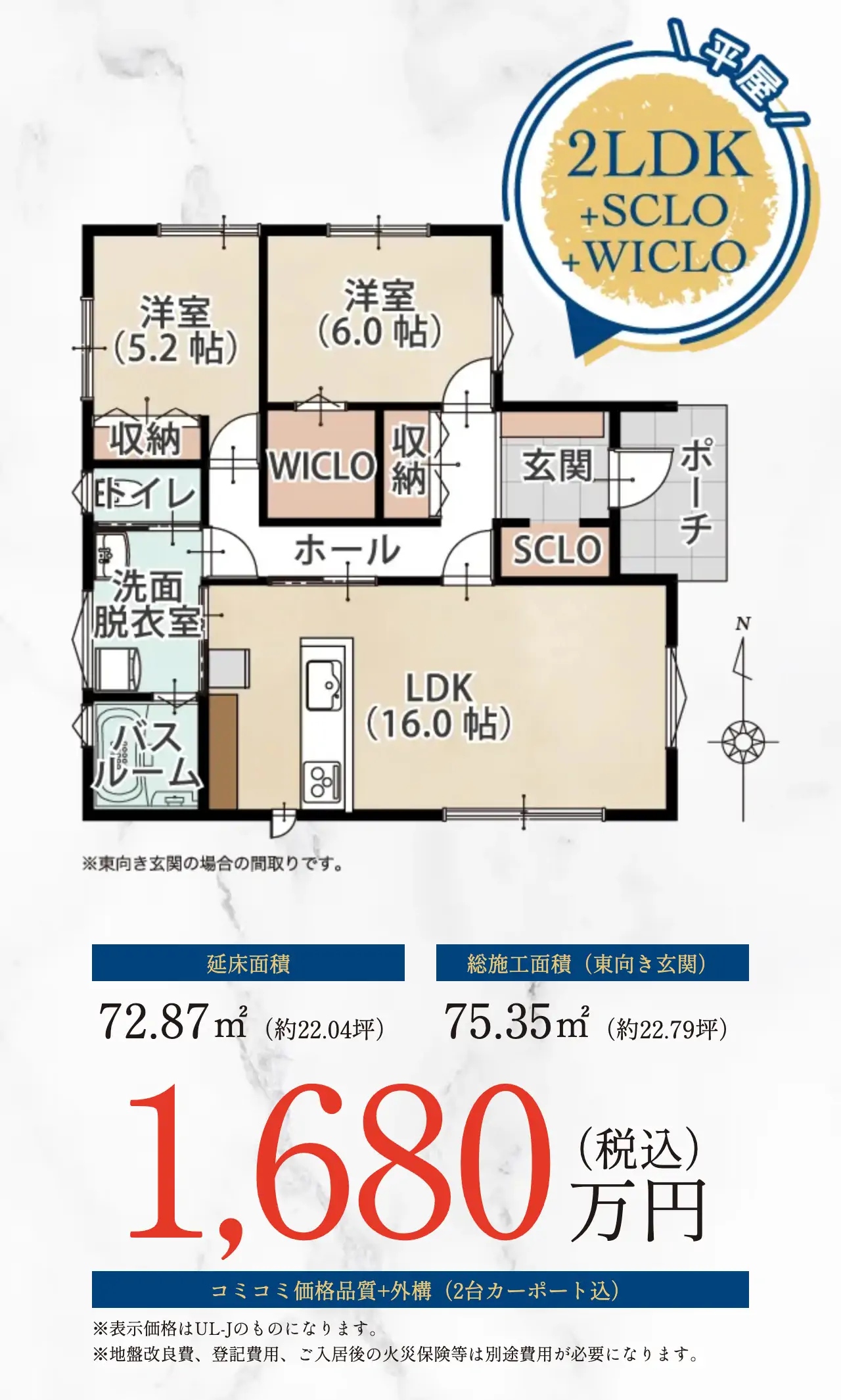 延床面積：72.87㎡（約22.04坪） 総施工面積（東向き玄関）：75.35㎡（約22.79坪） 1,680万円（税込）