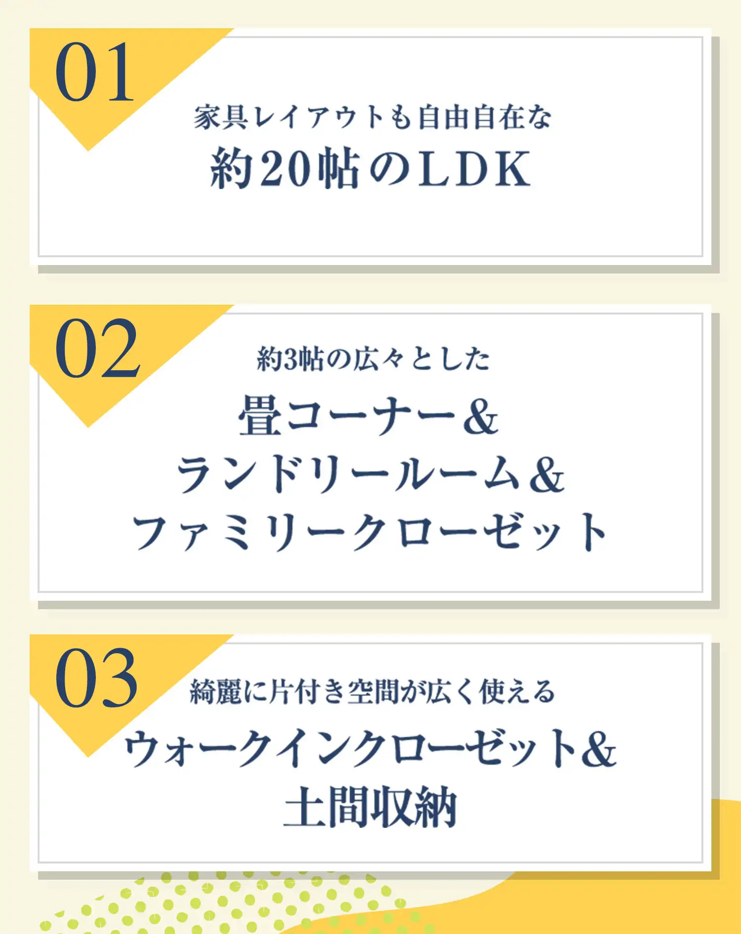 Point01 約20帖のLDK、Point02 畳コーナー＆ ランドリールーム＆ ファミリークローゼット、Point03 ウォークインクローゼット＆ 土間収納