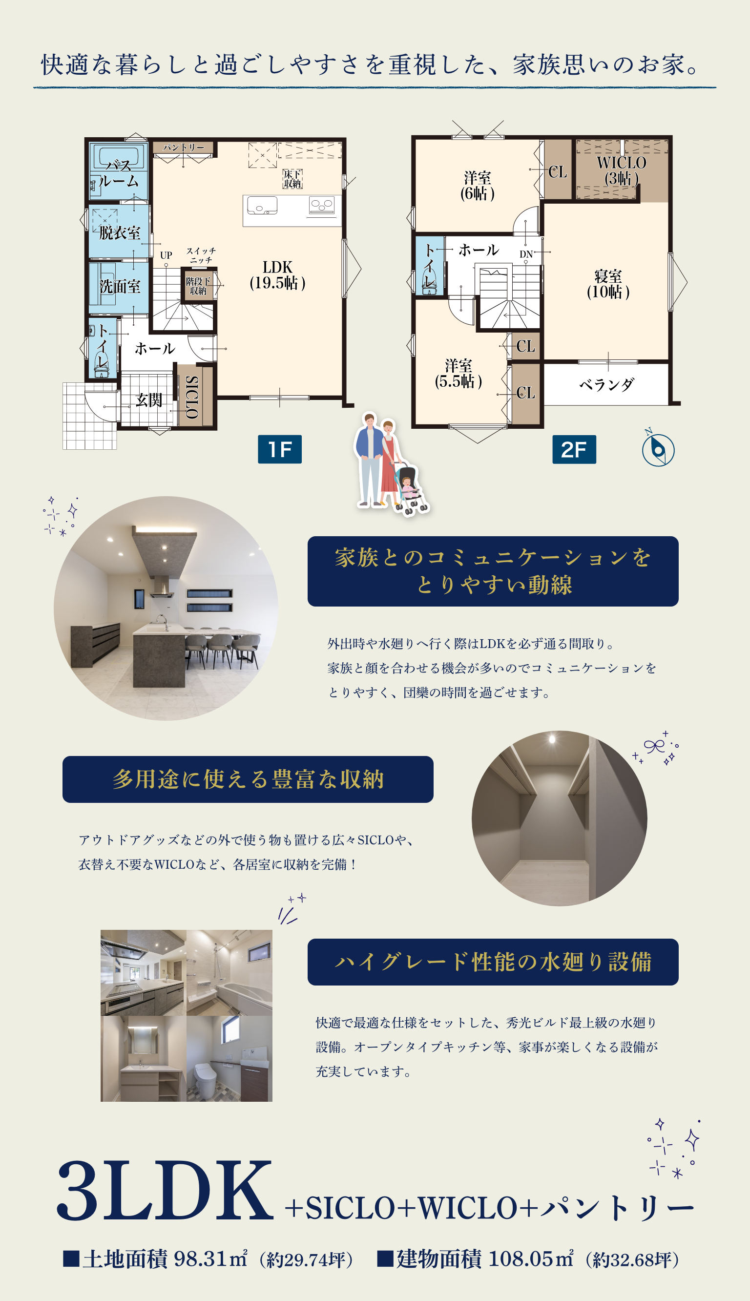 快適な暮らしと過ごしやすさを重視した、家族思いのお家。／家族とのコミュニケーションをとりやすい動線／多用途に使える豊富な収納／ハイグレード性能の水廻り設備／3LDK＋SICLO+WICLO+パントリー