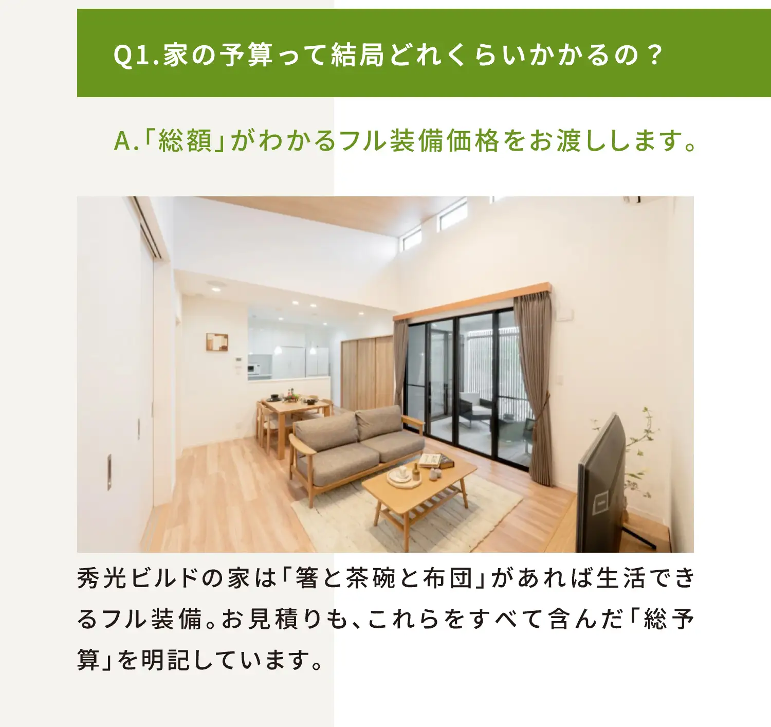Q1.家の予算って結局どれくらいかかるの？ A.「総額」がわかるフル装備価格をお渡しします。