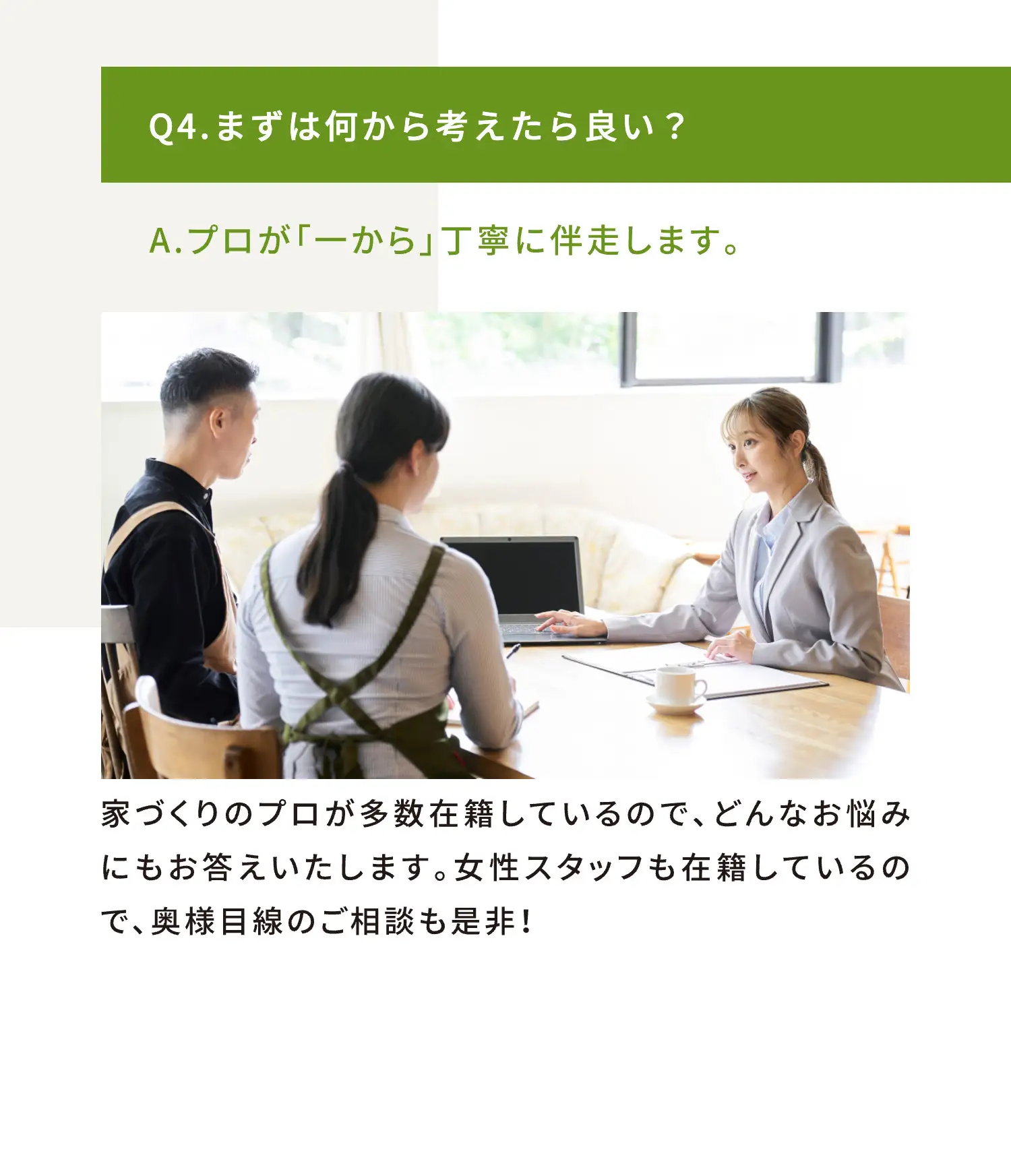 Q4.まずは何から考えたら良い？ A.プロが「一から」丁寧に伴走します。