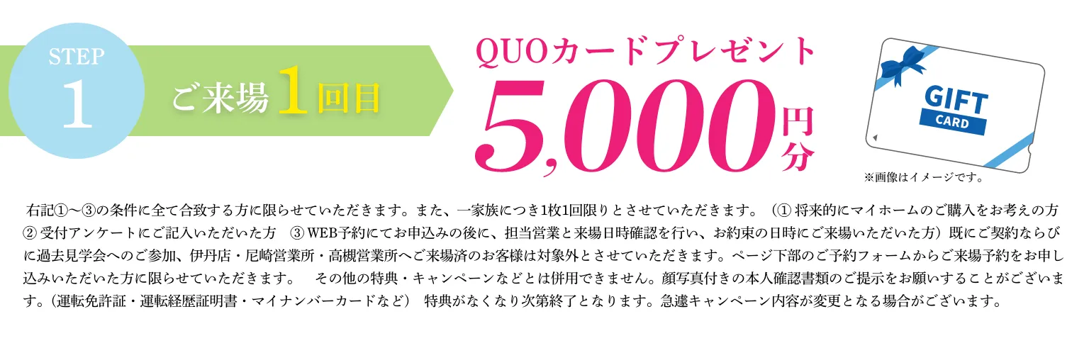 STEP１：ご来場１回目｜QUOカード5000円