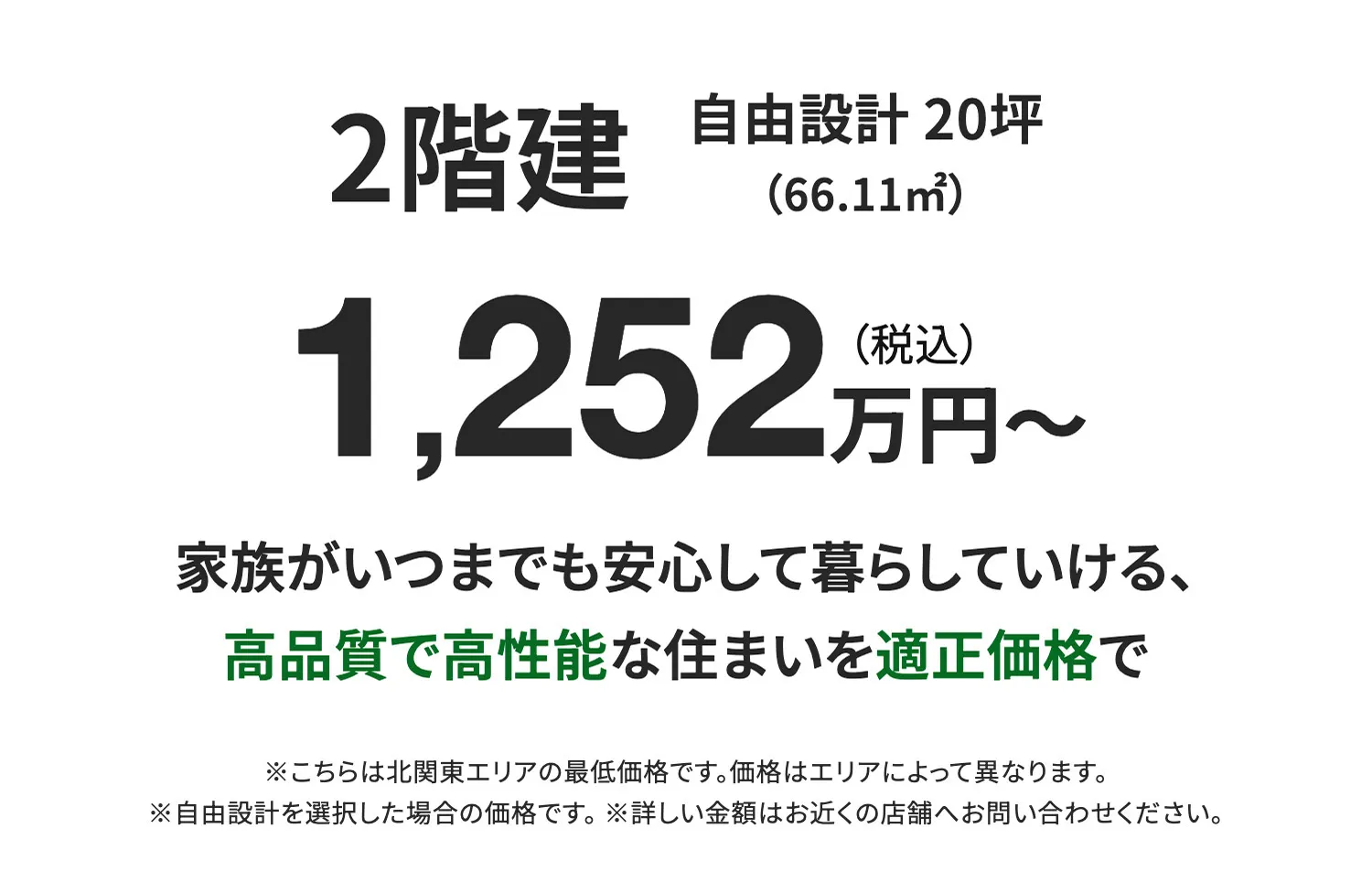 2階建 自由設計 20坪(66.11㎡)1,252万円~(税込)家族がいつまでも安心して暮らしていける、高品質で高性能な住まいを適正価格で