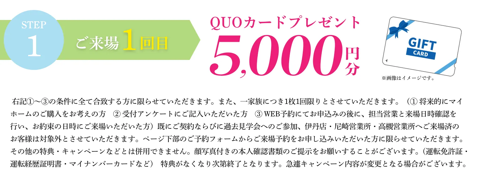 STEP１：ご来場１回目｜QUOカード5000円