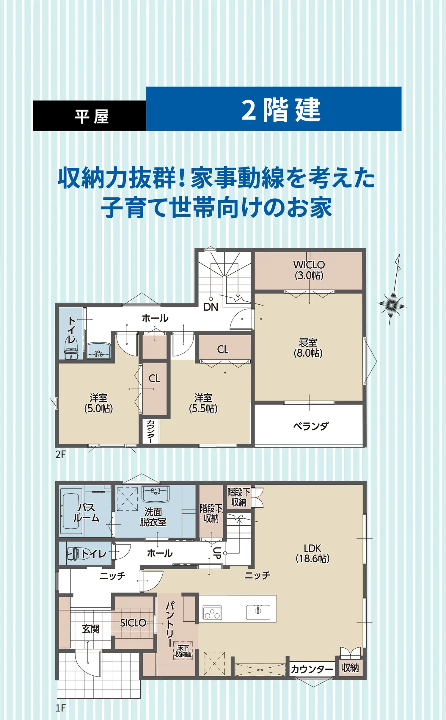 2階建 収納力抜群！家事動線を考えた子育て世帯向けのお家
