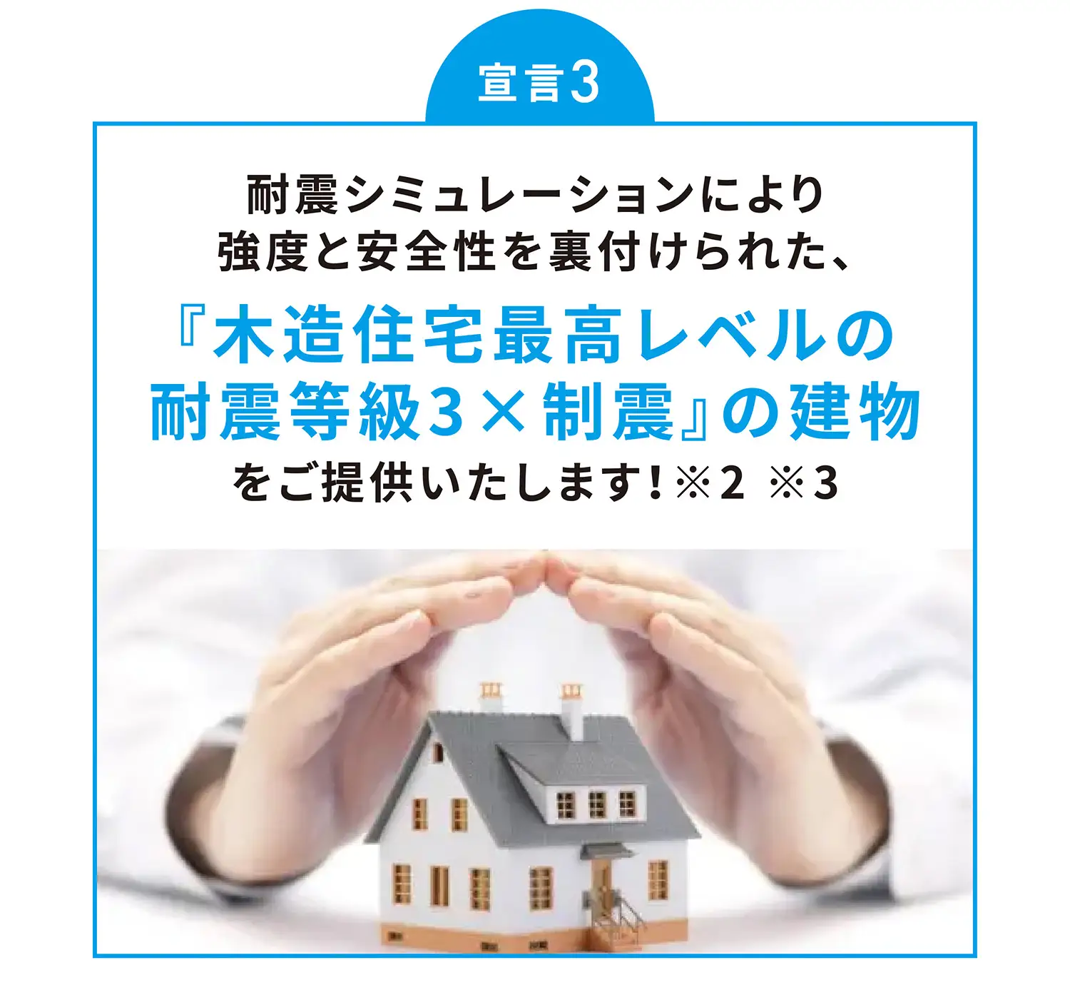 宣言3 耐震シミュレーションにより強度と安全性を裏付けられた、『木造住宅最高レベルの耐震等級3×制震』の建物をご提供いたします！※2※3