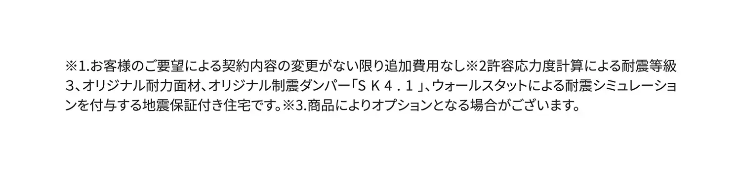 ※1.お客様のご要望による契約内容の変更がない限り追加費用なし※2許容応力度計算による耐震等級3、オリジナル耐力面材、オリジナル制震ダンパー「SK4.1」、ウォールスタットによる耐震シミュレーションを付与する地震保証付き住宅です。※3.商品によりオプションとなる場合がございます。