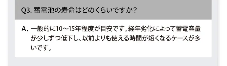 Q3. 蓄電池の寿命はどのくらいですか？ A. 一般的に10～15年程度が目安です。経年劣化によって蓄電容量が少しずつ低下し、以前よりも使える時間が短くなるケースが多いです。
