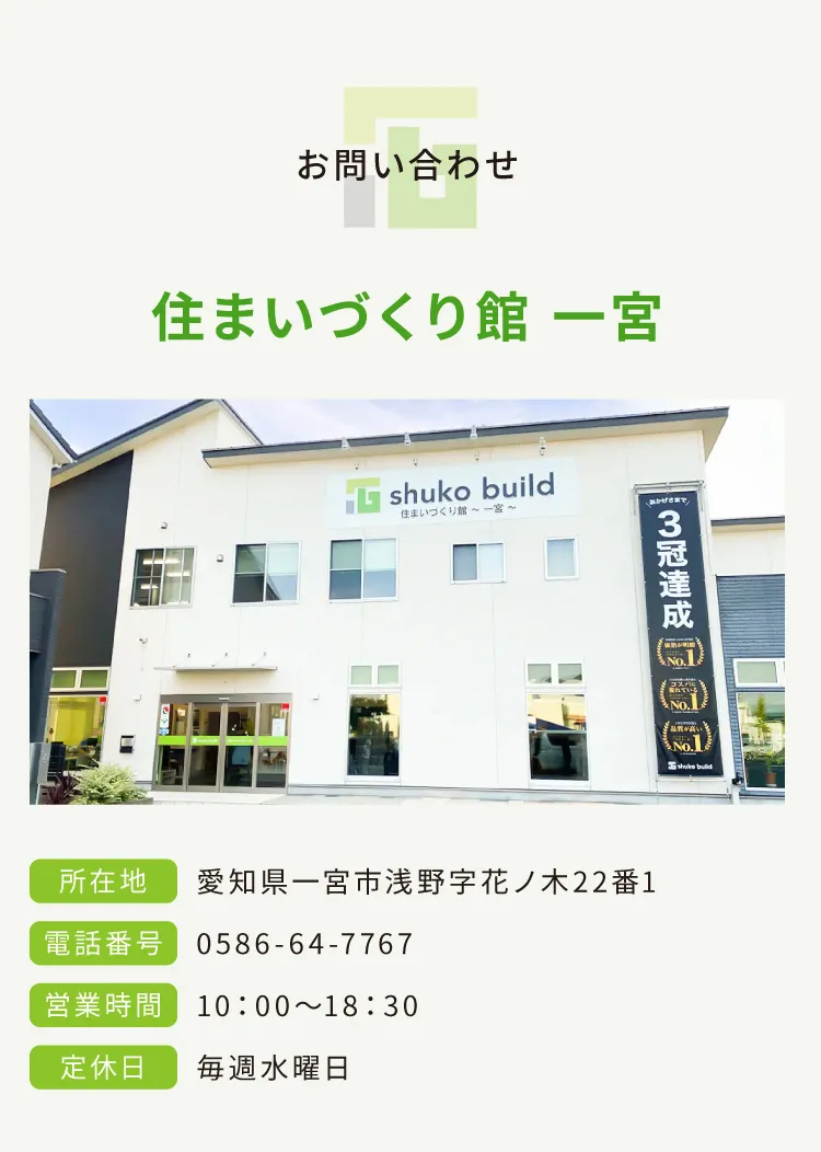 お問い合わせ｜住まいづくり館 一宮｜所在地：愛知県一宮市浅野花ノ木22番1 電話番号：0586-64-7767 定休日：毎週水曜日